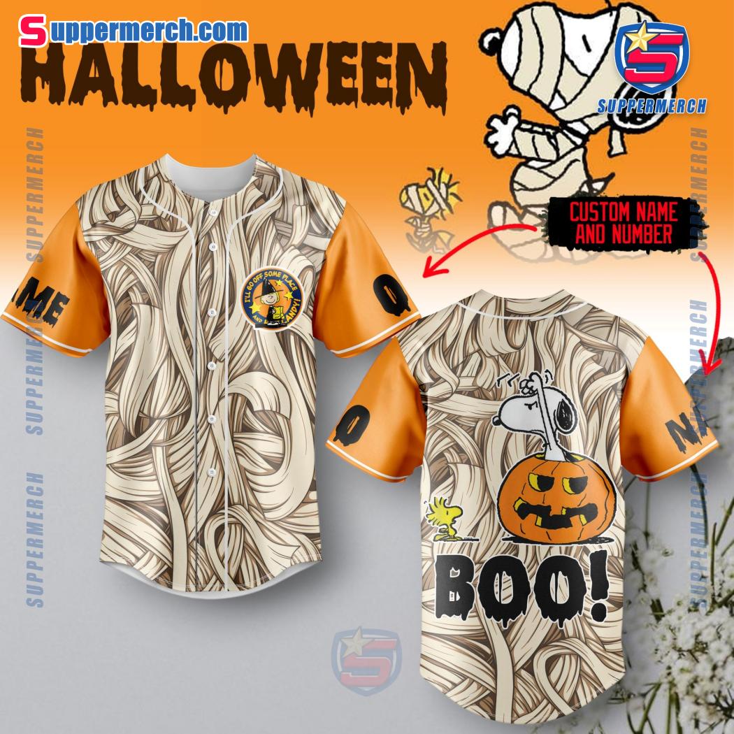 Snoopy Boo I'll Go Off Some Place And Eat Candy Halloween Personalized Baseball Jersey