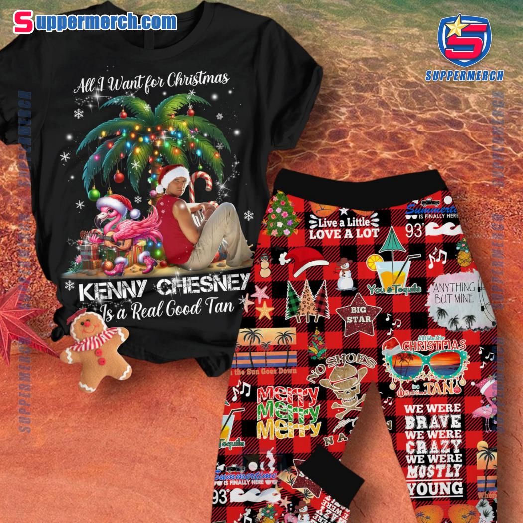 All I Want For Christmas Kenny Chesney Is A Real Good Tan Plaid Pajamas Set mX1Av5a