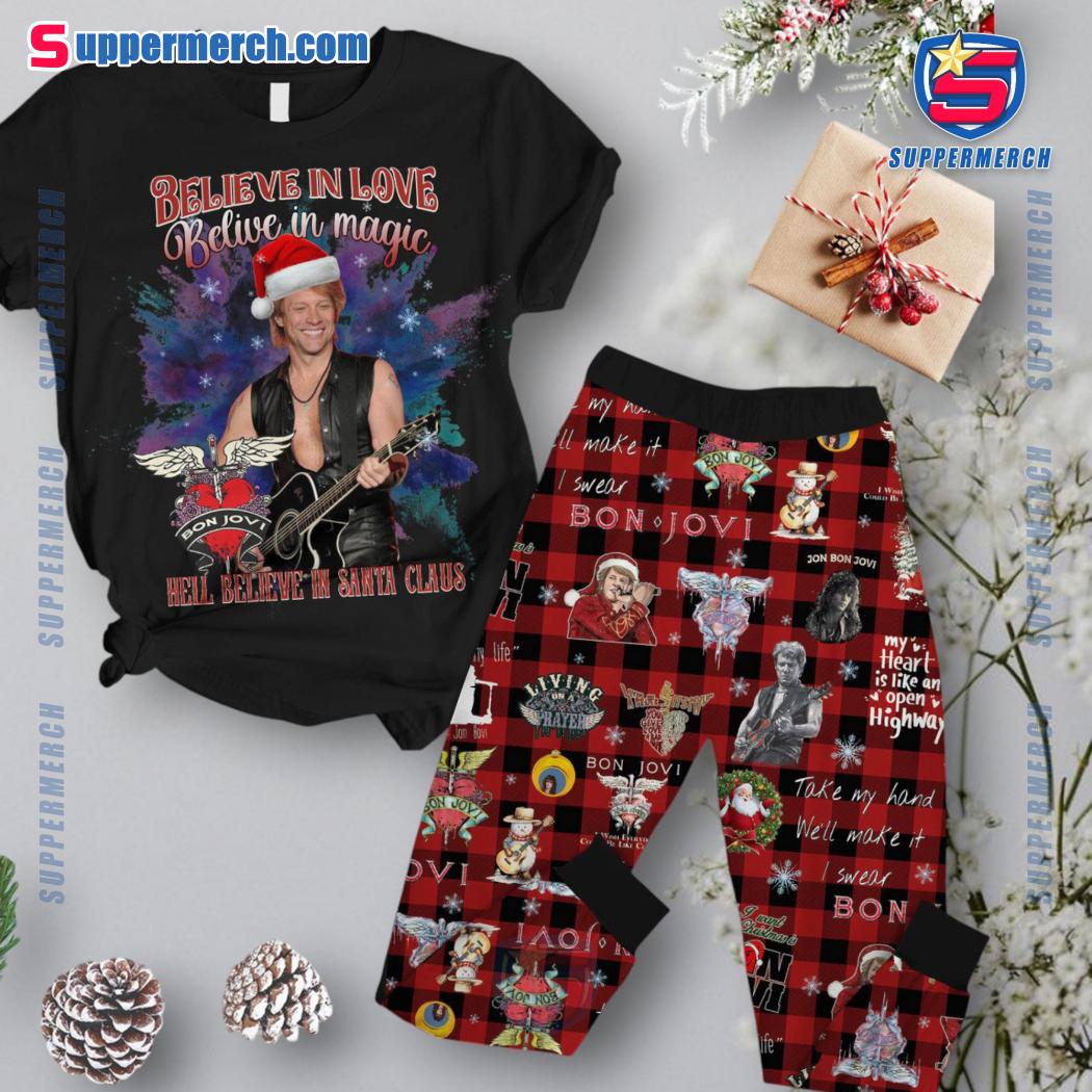 Bon Jovi Believe In Love Believe In Magic Hell Believe In Santa Claus Plaid Pajamas Set fJLaVEF