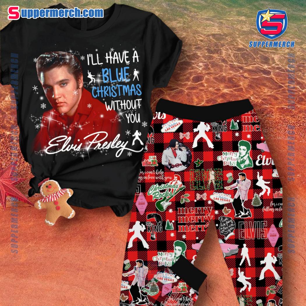 Elvis Presley Blue Christmas Plaid Pajamas Set L1gnloW