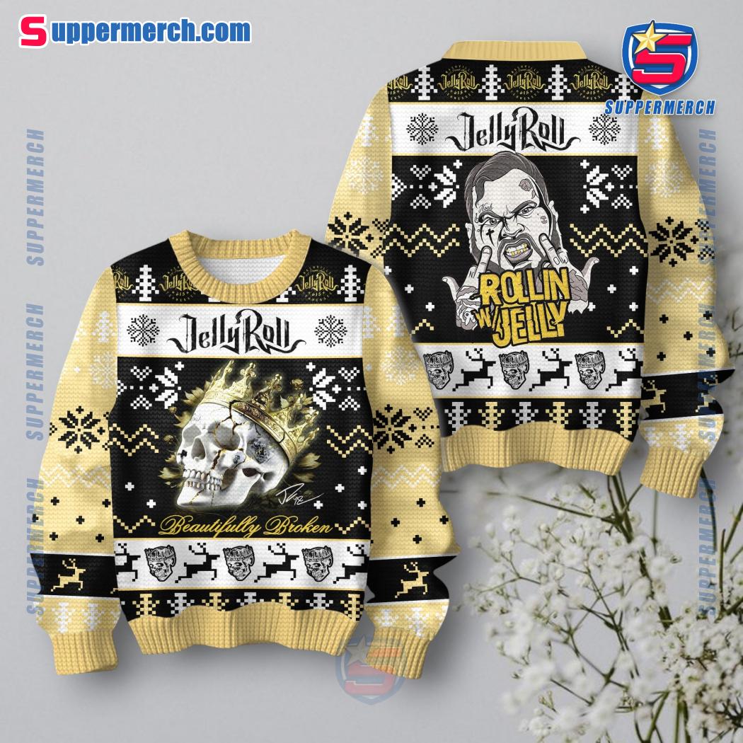 Jelly Roll Beautifully Broken Rollin With Jelly Ugly Christmas Sweater EiBqN5I