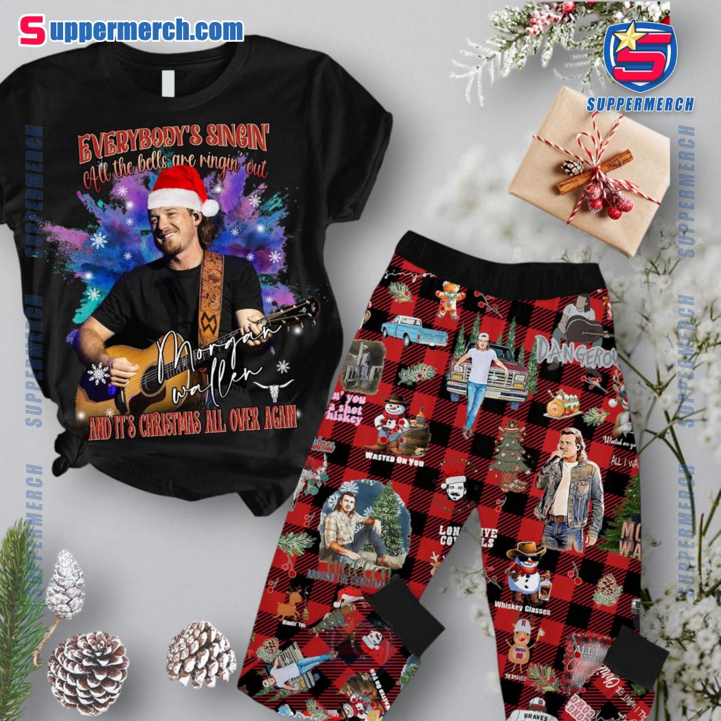 Morgan Wallen Everybody's Singin' All The Bells Are Ringin' Out And It's Christmas All Over Again Plaid Pajamas Set LEhCTcD