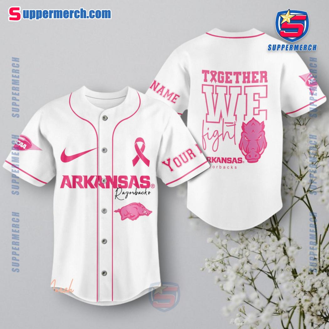NCAA Arkansas Razorbacks Together We Fight Breast Cancer Awareness Personalized Baseball Jersey a
