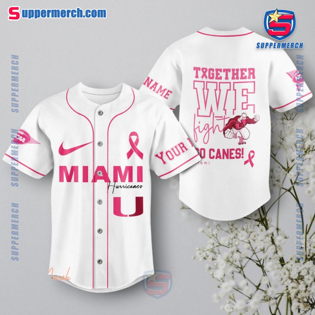 NCAA Miami Hurricanes Together We Fight Breast Cancer Awareness Personalized Baseball Jersey a