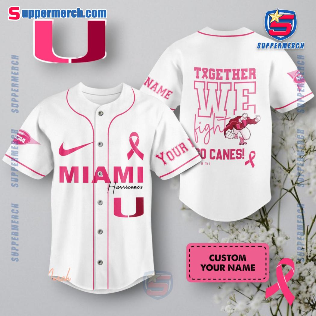 NCAA Miami Hurricanes Together We Fight Breast Cancer Awareness Personalized Baseball Jersey